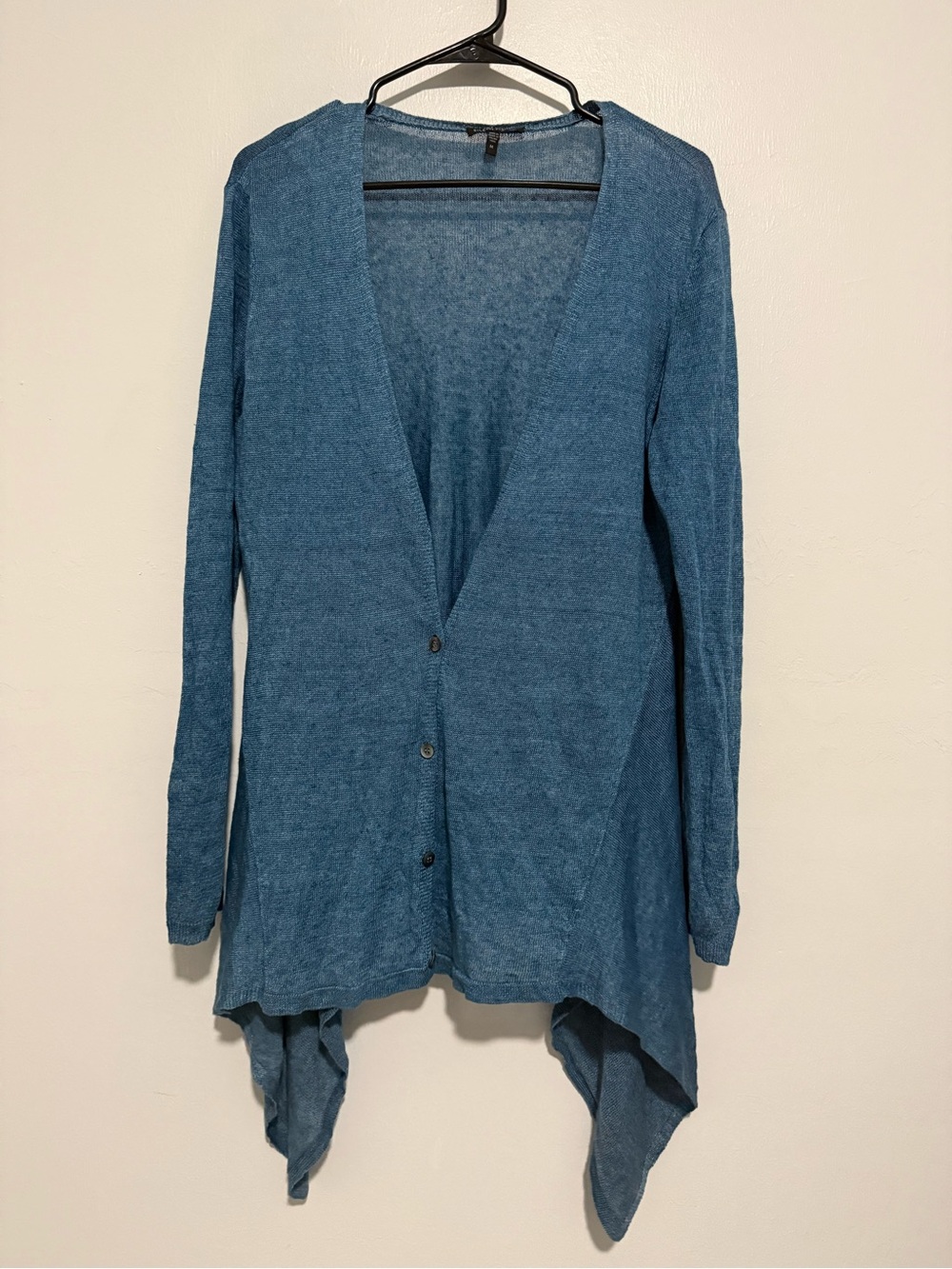 Eileen Fisher  Button Up Cardigan Linen Asymmetrical Blue Knit Size M